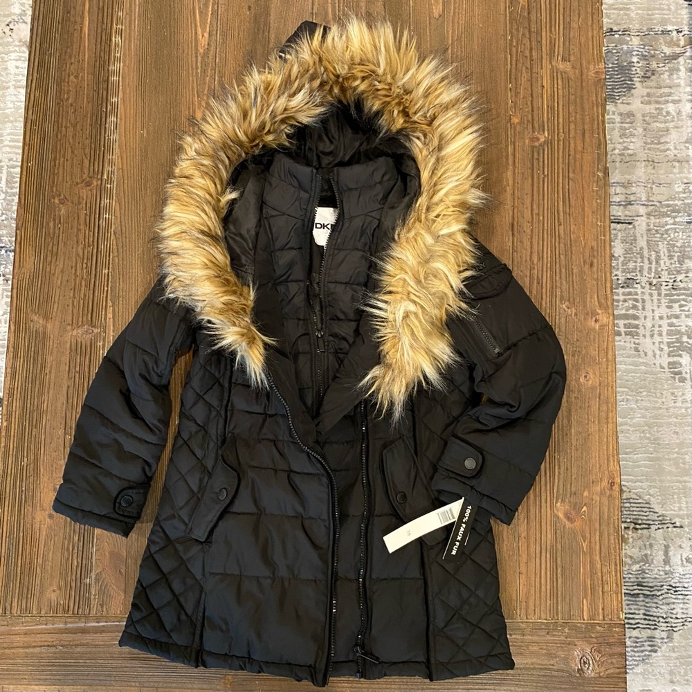 NWT! DKNY black winter jacket, Girls 7/8.